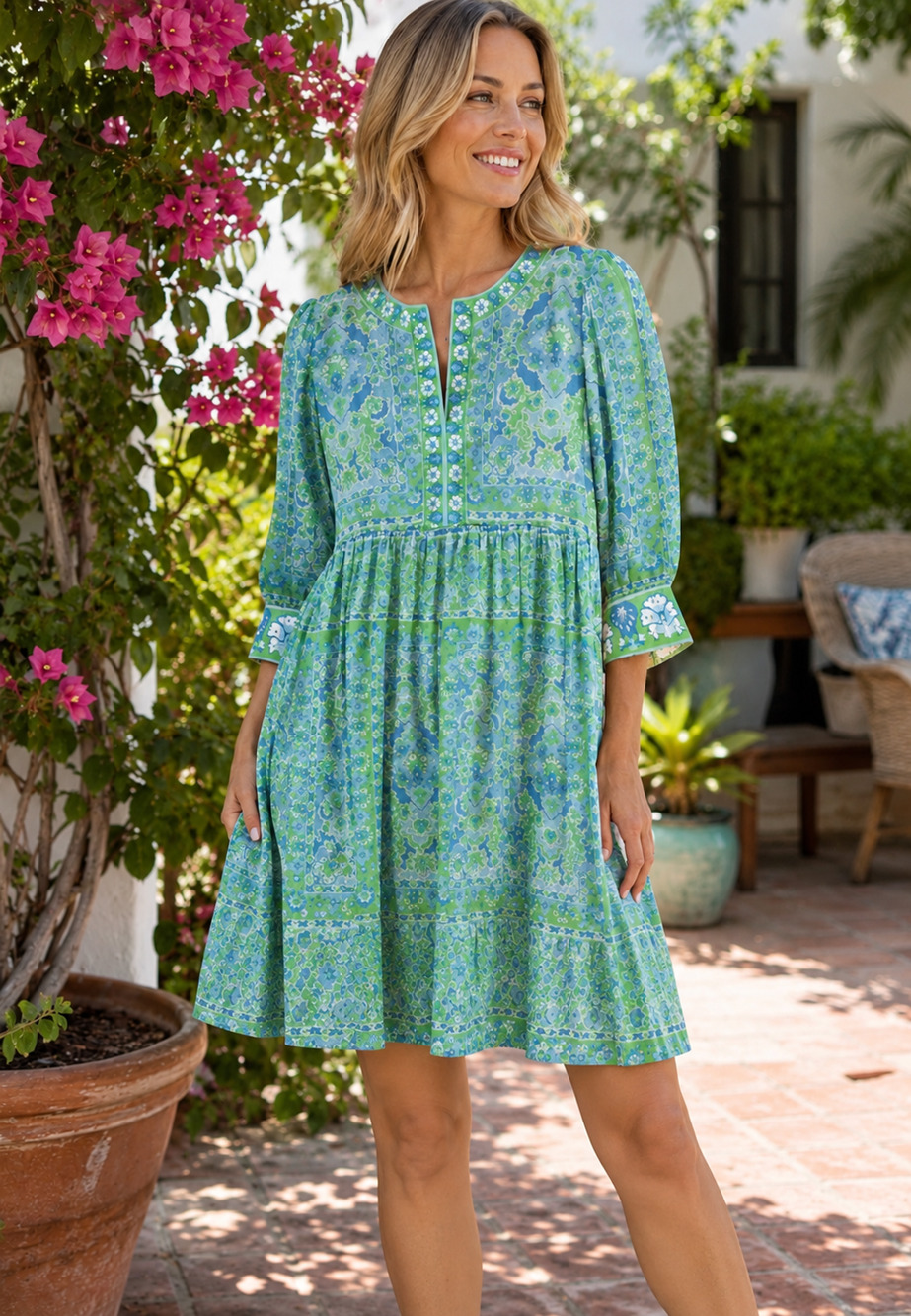 Gretchen Scott Borderline Blue Green Print Mini Dress Women's Size XS Resort